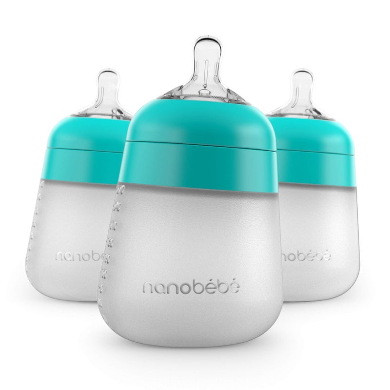NANOBÉBÉ Nanobebe Flexy Silicone Baby Bottles, Anti-Colic, Natural Feel, Non-Collapsing Nipple, Non-Tip Stable Base, Easy to Clean - 3-Pack, Teal, 9 oz - Image 1